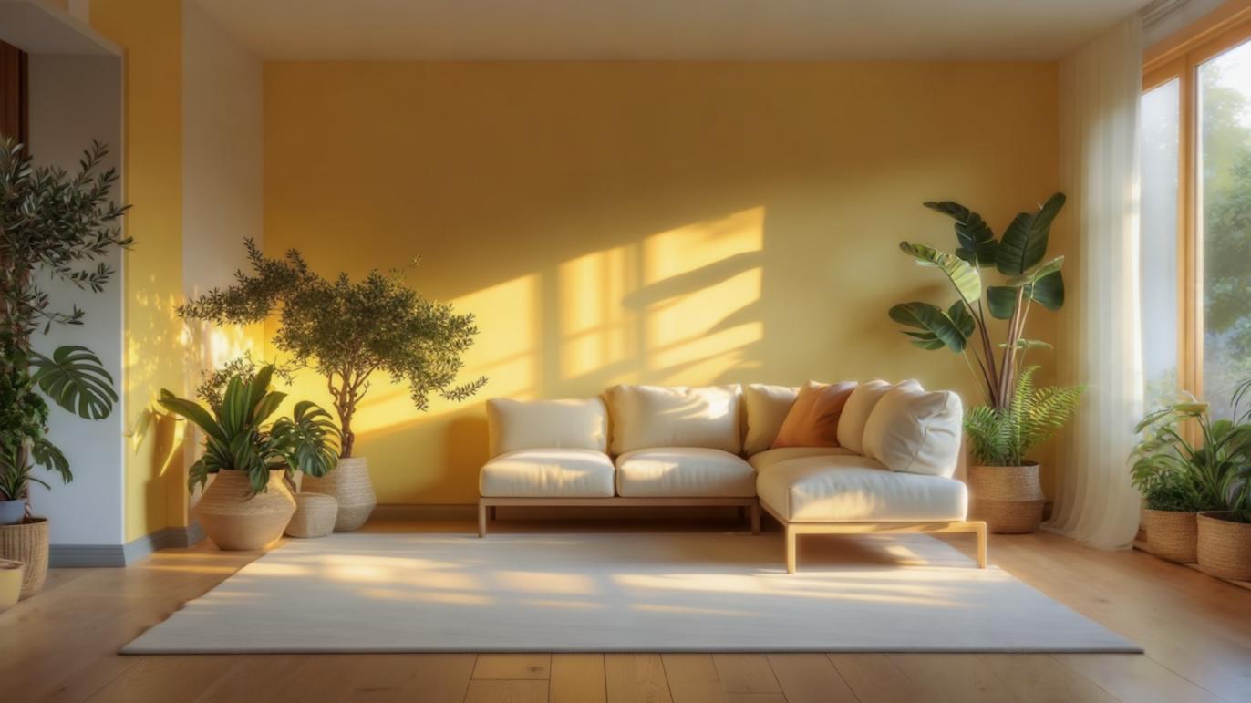Cozy sunlit yellow living room with indoor plants